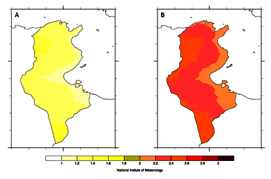 Evolution de la température moyenne annuelle (en °C) à l'horizon 2050 (A) et à l'horizon 2100 (B) avec le scénario RCP 4.5 (Source : INM)